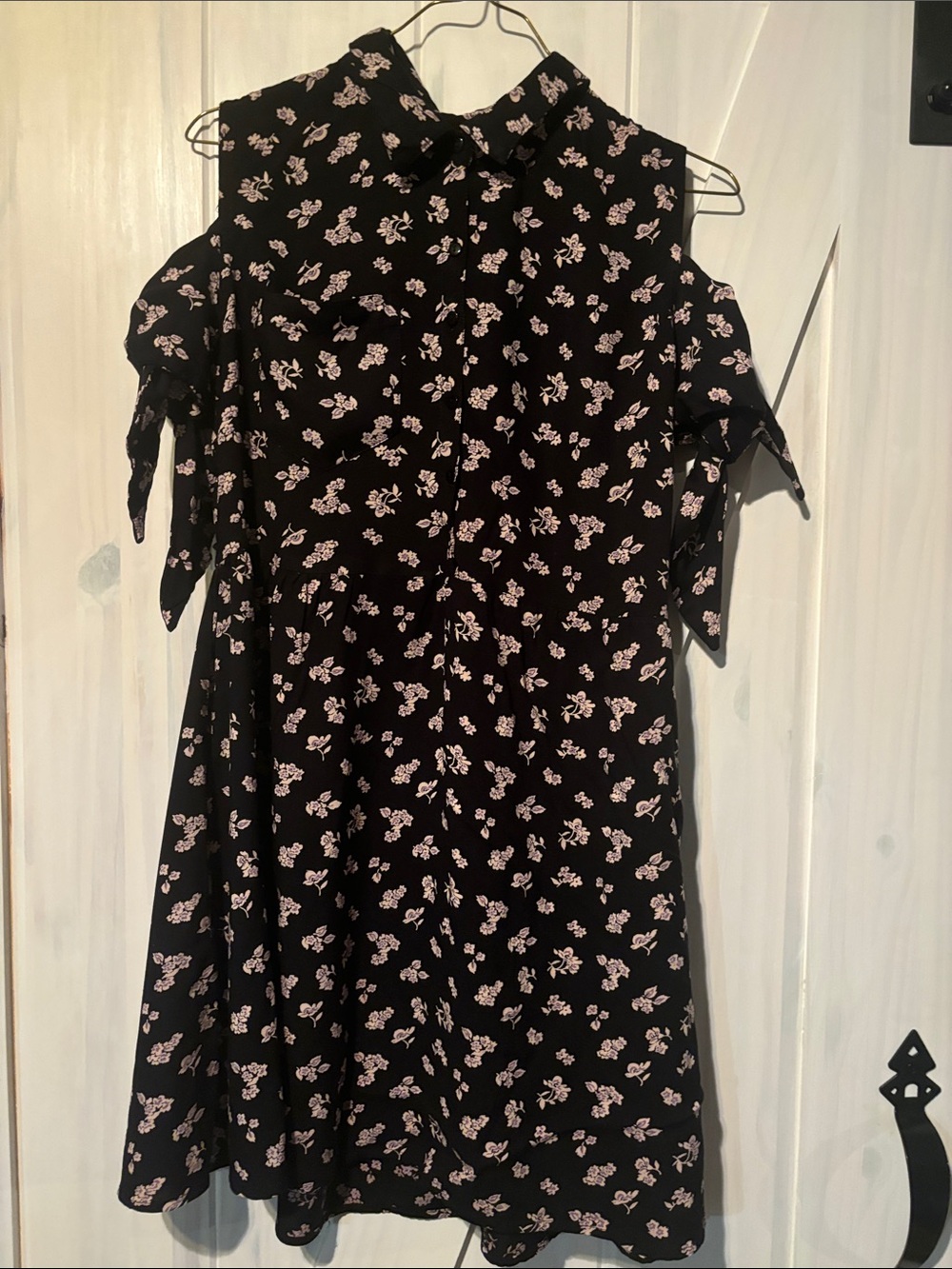 Angie Black Dress with Light Pink Floral Print and Cold-Shoulder Ties